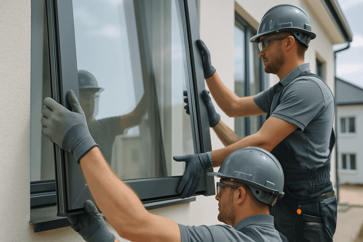 Two workers in safety gear installing a large window on a clean building exterior in Rush
