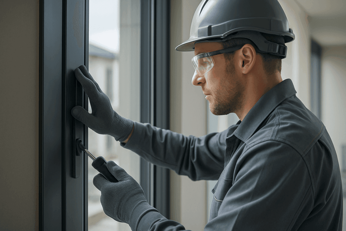 Close-up of a worker fitting a double-glazed window wearing protective gear in Rush