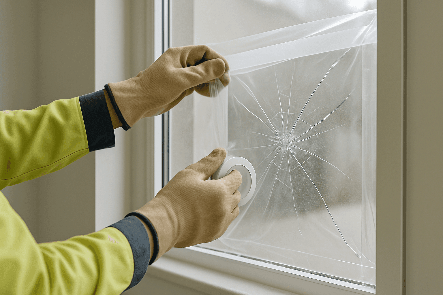 Gloved hands placing tape and plastic over a broken window in an emergency situation