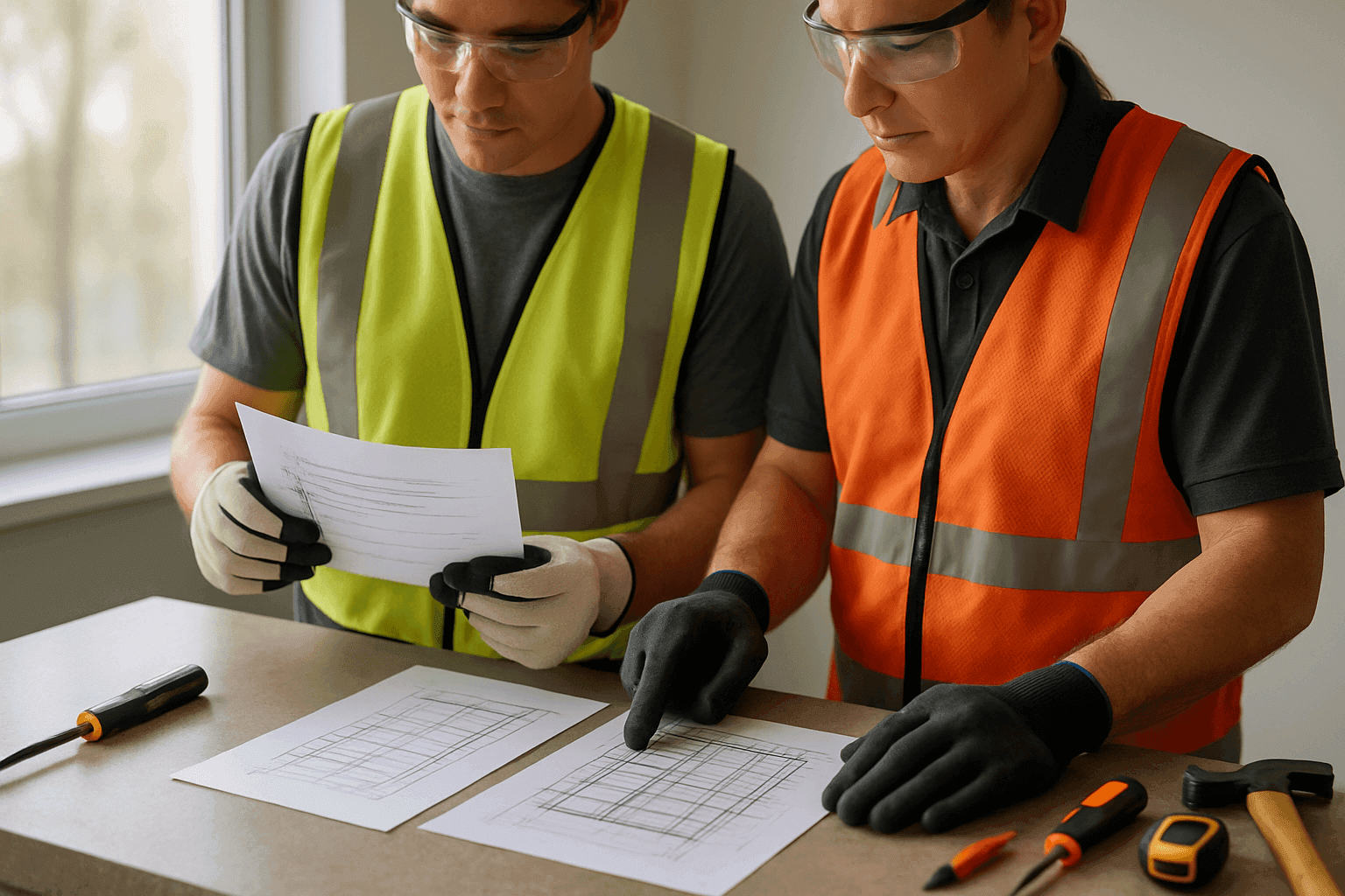 Homeowner and contractor reviewing a window installation checklist at a clean job site