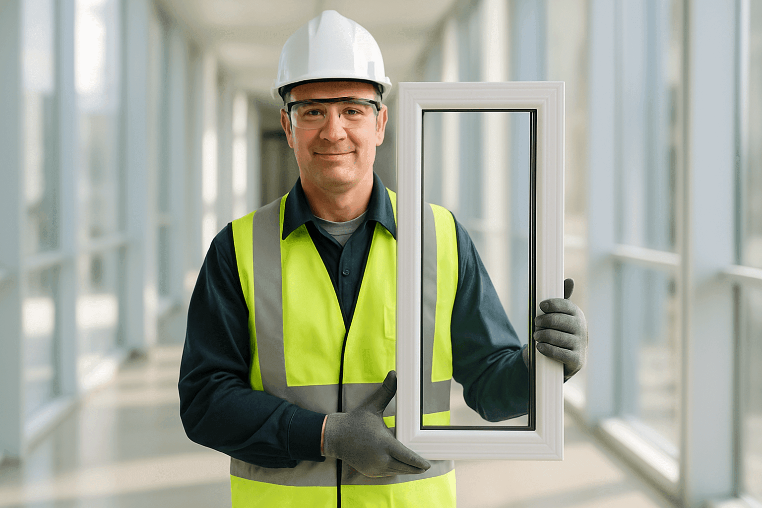 Installer demonstrating double-pane energy-efficient window in modern building
