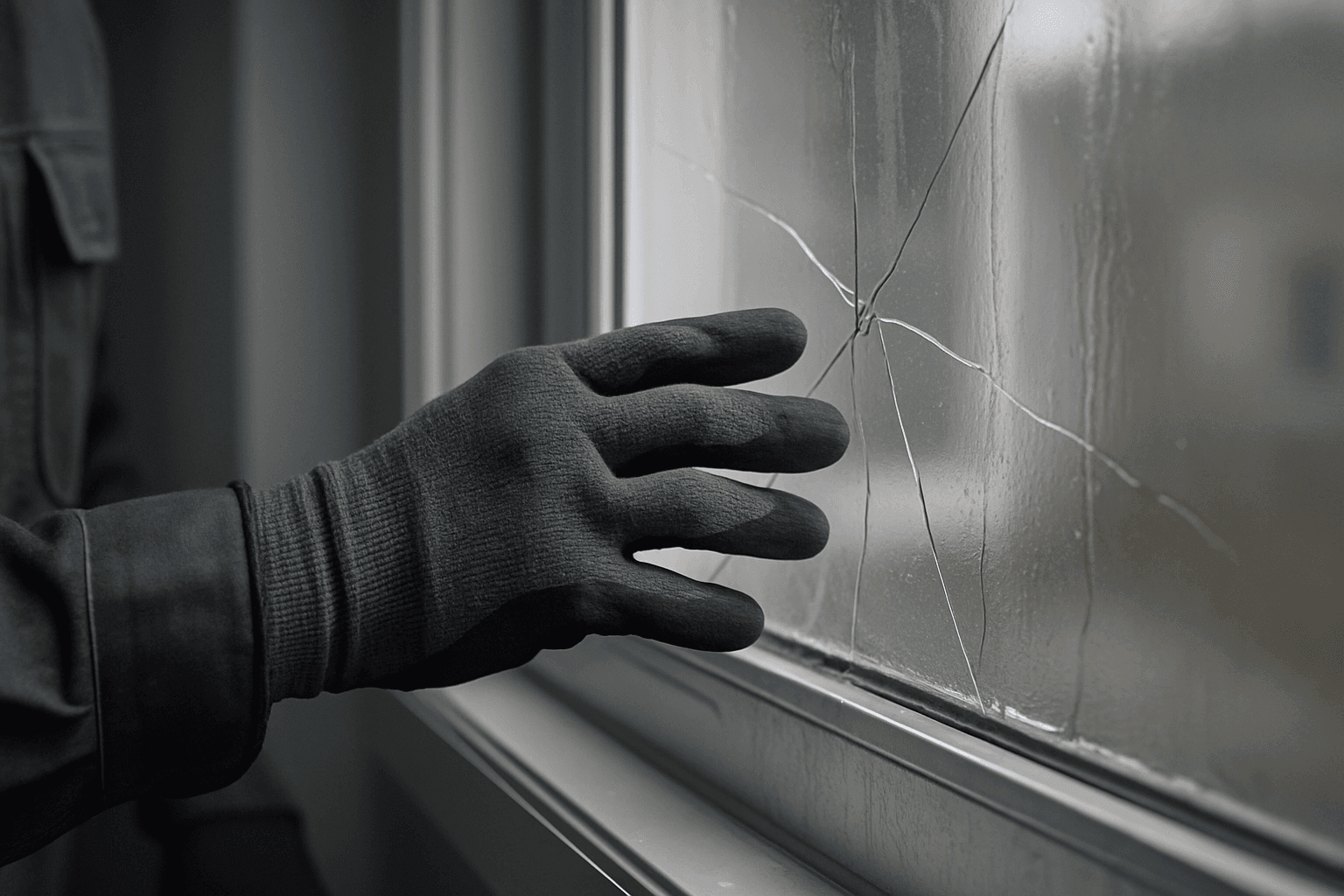 Closeup of a gloved hand examining a cracked window after a storm