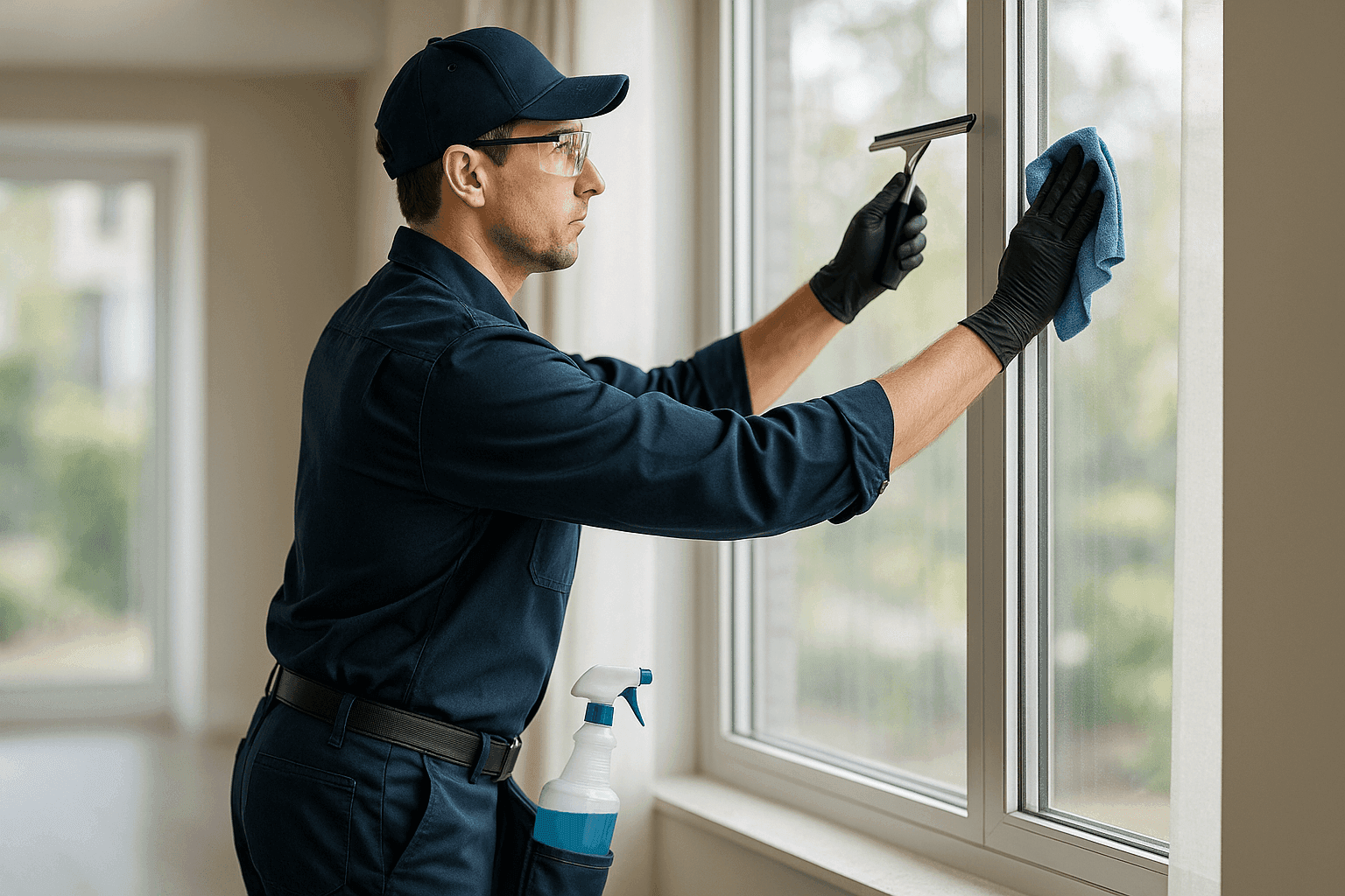 Technician inspecting and cleaning a large modern window indoors with gloves and tools