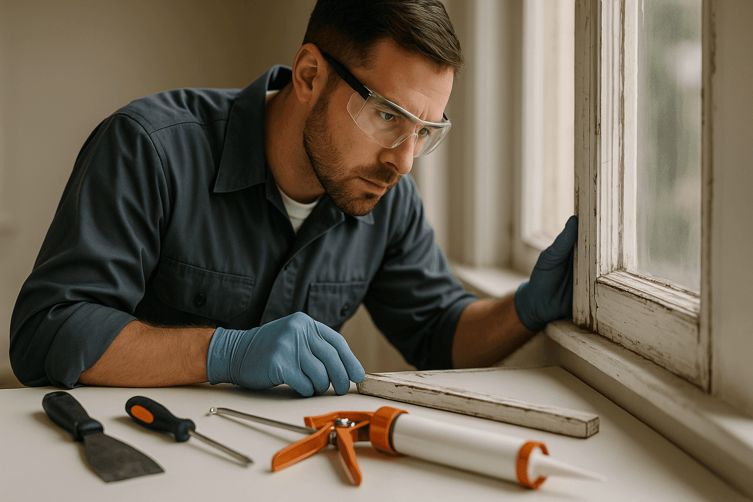 Technician examining an old window frame with repair tools nearby